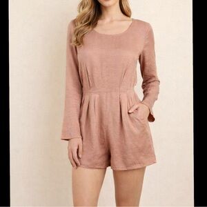 Forever 21 Mauve Rayon Long sleeve Crew Neck Cinch Waist Shorts Romper Size L